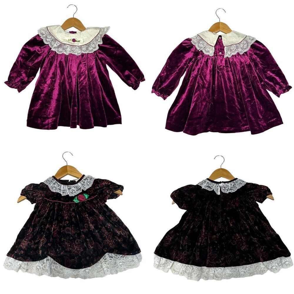 Lot of 2 Baby Togs 90’s velvet floral dress size 24 months /3T Short Long Sleeve